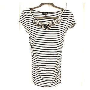 Black White Stripe Ruched Top with Rosette detail